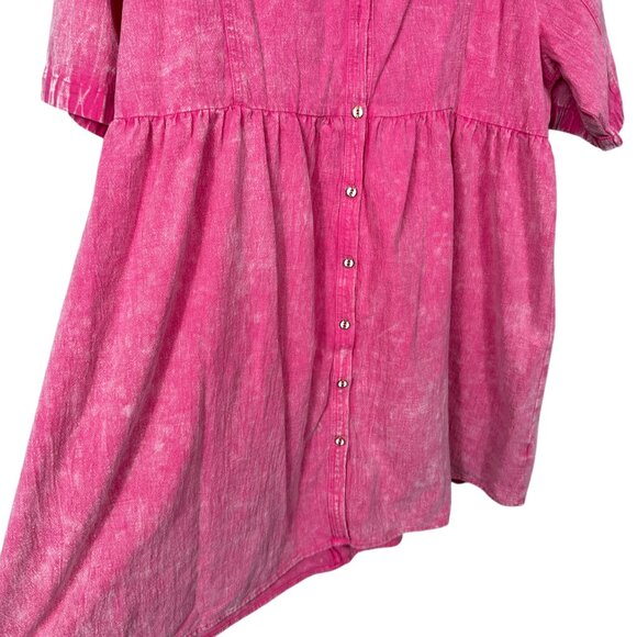 Umgee Washed Babydoll Dress 1X Pink Short Sleeve Button Front Cotton Boho - Picture 8 of 13